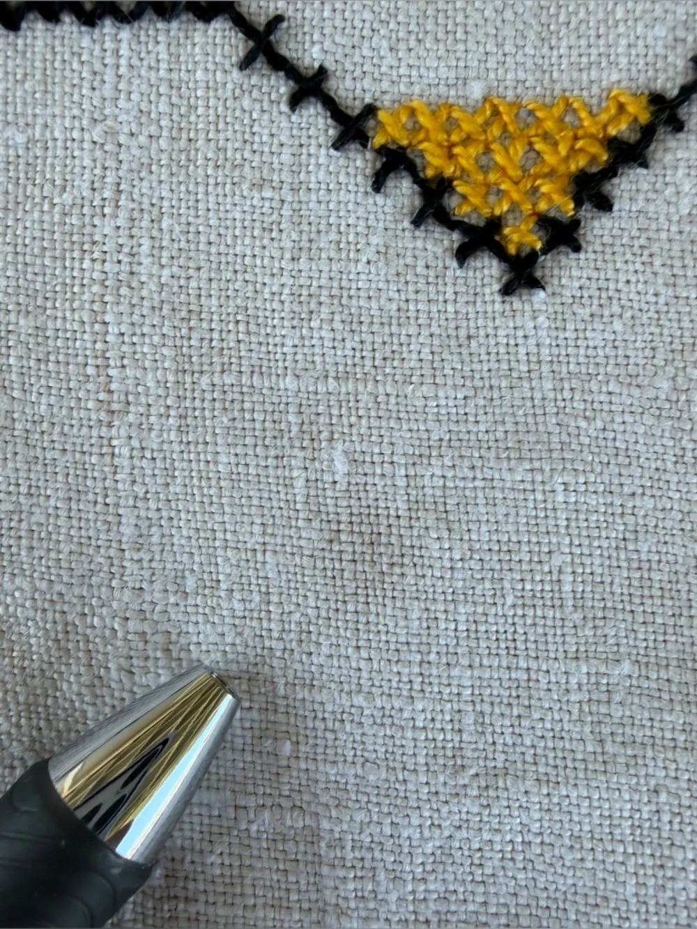 VTG Traditional Geometric Folk Cross Stitch Linen Tablecloth Black Yellow 47x64